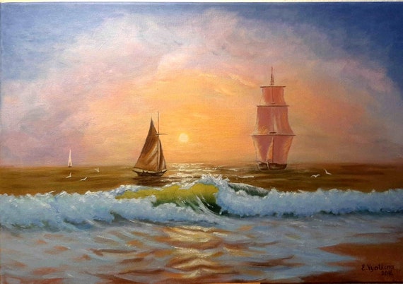 Original Sunrise Seascape Painting: Sailboat Ocean Wave Art (16x24)