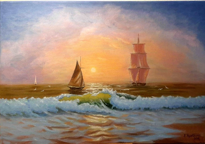 May include: A painting of two sailboats on the ocean at sunset. The sky is a soft pink and orange, and the water is a deep blue. The sailboats are silhouetted against the sunset, and the waves are crashing against the shore.