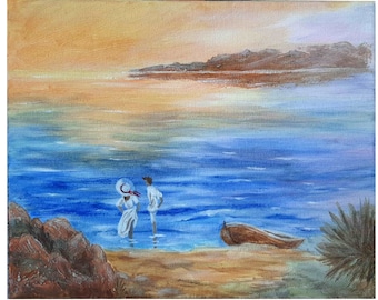 Couple peinture acrylique Art peinture côtière paysage marin Wall Art Couple oeuvre mer plage oeuvre 10 par 12 par ArtFromElenaV