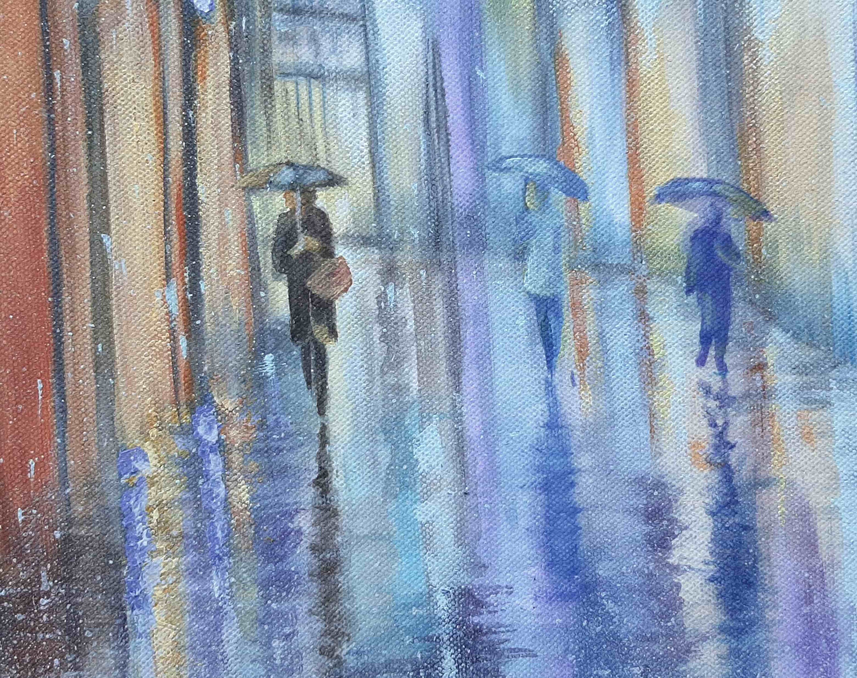 雨の夜のアクリル画：都市風景の傘アート（16x20） - Etsy 日本