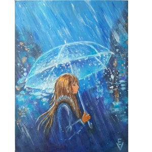 Pintura a óleo original: Menina com guarda-chuva na chuva, 8x6