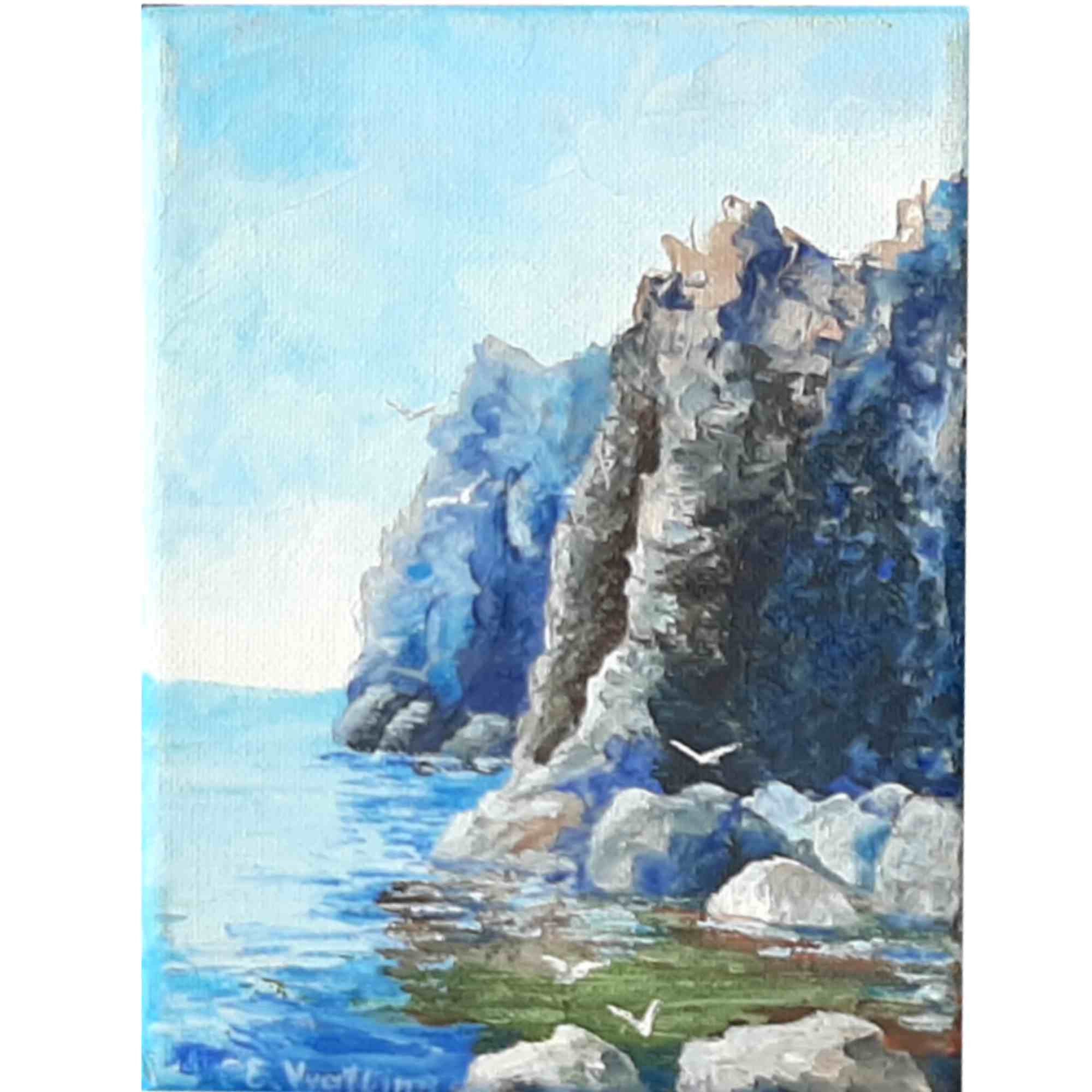 オリジナルの海岸風景画：岩場の海岸のアクリルアート（7x5） - Etsy 日本