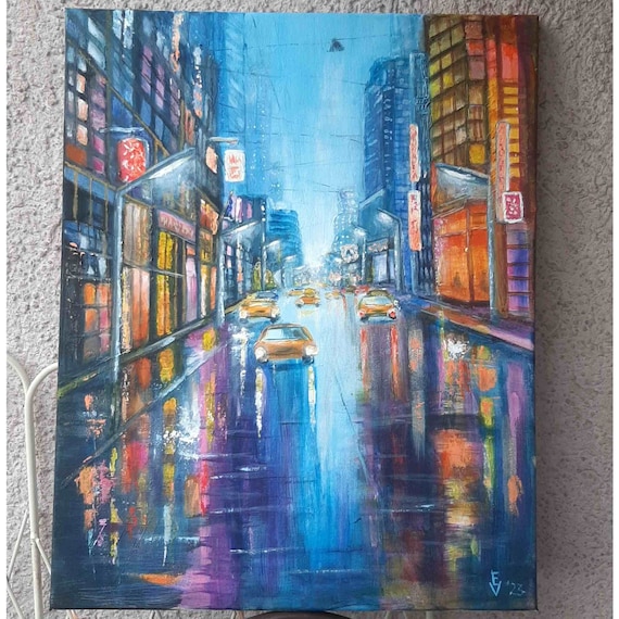 ニューヨークの街並みの絵画：雨の街並み、オリジナルアクリル