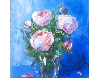 Original Pink Peony Painting: Floral Acrylic Art, 10x8