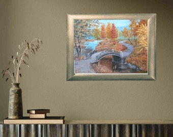 オリジナルアクリル橋の絵画：秋の川の風景、12x16キャンバス - Etsy 日本