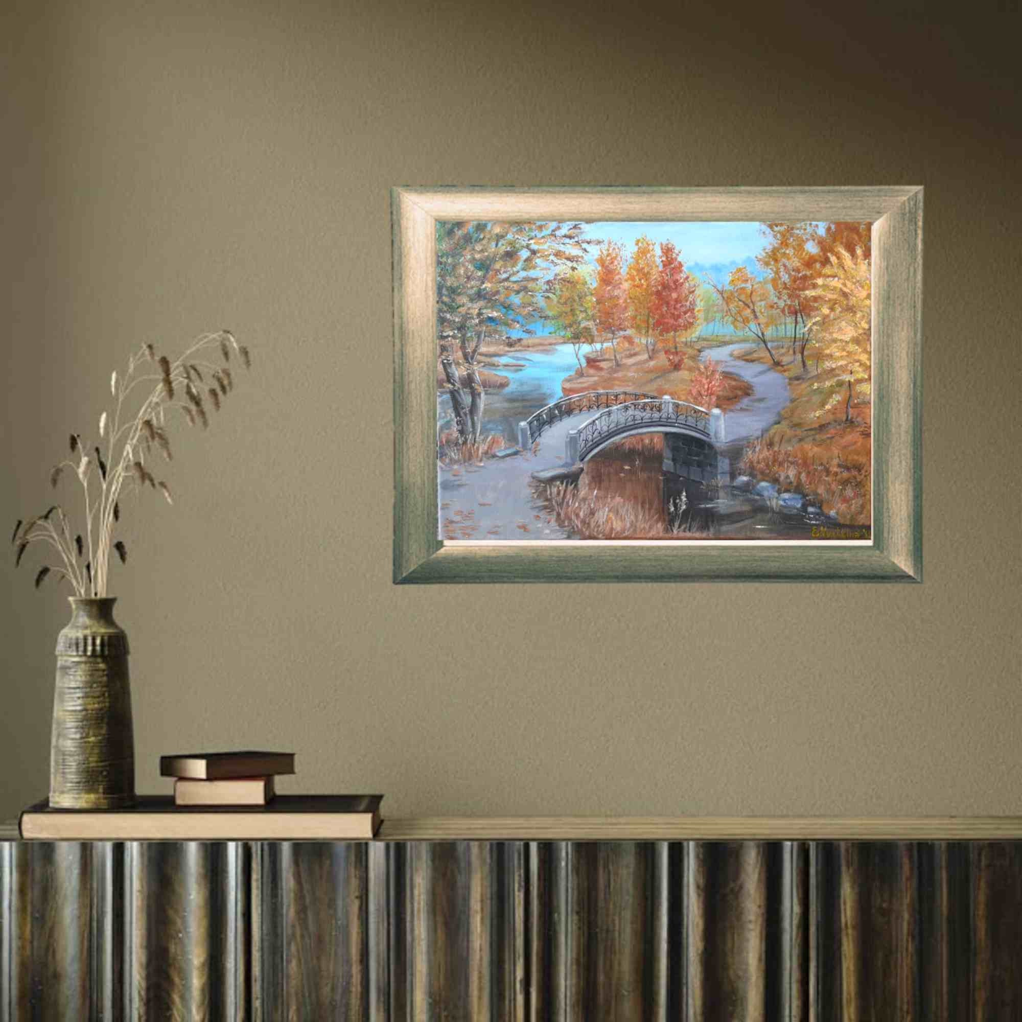 オリジナルアクリル橋の絵画：秋の川の風景、12x16キャンバス - Etsy 日本