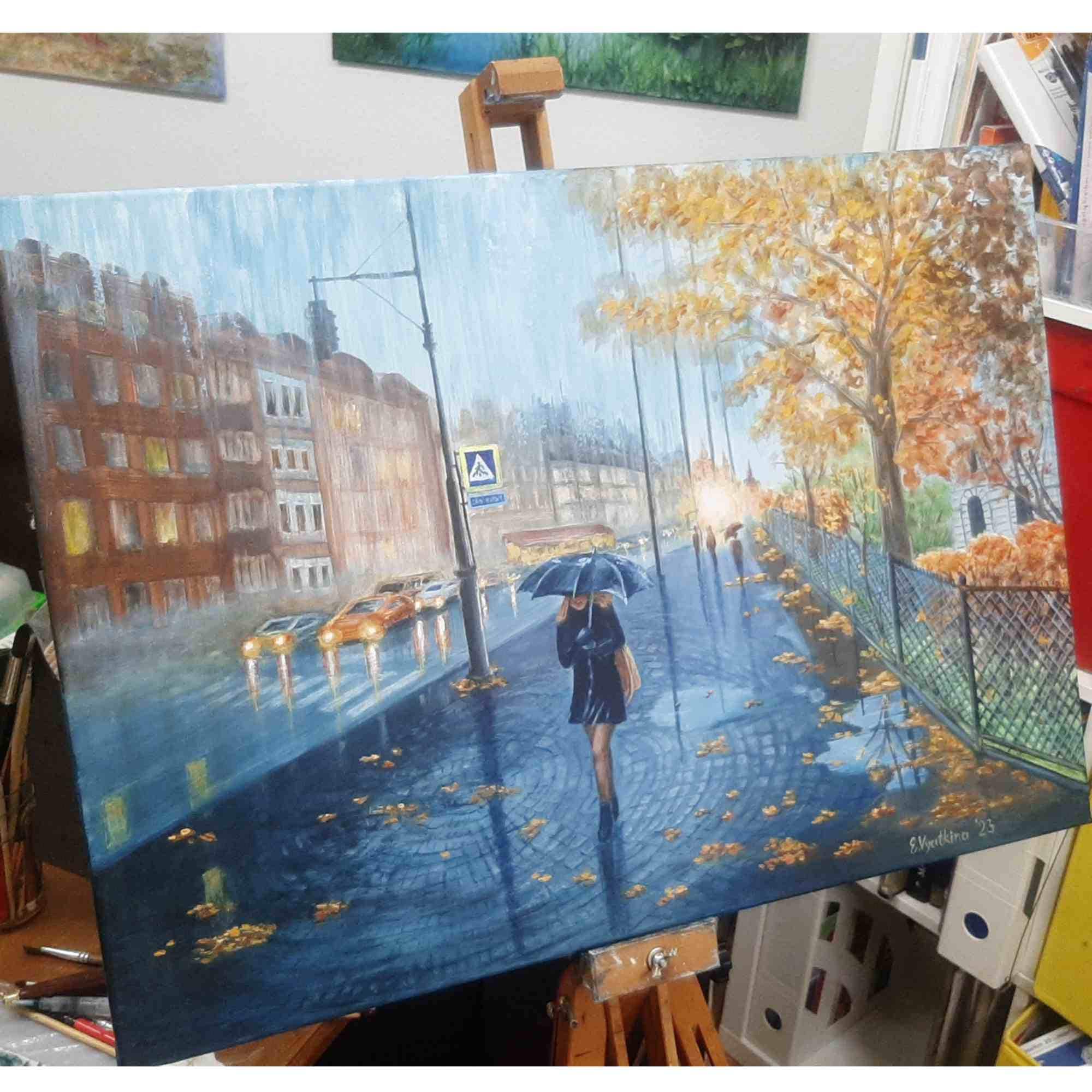 雨の日の都市風景画：オリジナルアクリルキャンバスアート（16x20