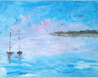 Boats Painting Original Oil Art Sea Beach Canvas Seascape Wall Art Coastal Art Seascape Artwork Sea Beach Painting 5 * 7 by ArtFromElenaV