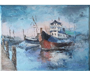 Bateau Peinture Original Art Peinture Acrylique Paysage Marin Art Mural Peinture Côtière Bateau Toile Voilier Oeuvre 5 par 7 par ArtFromElenaV