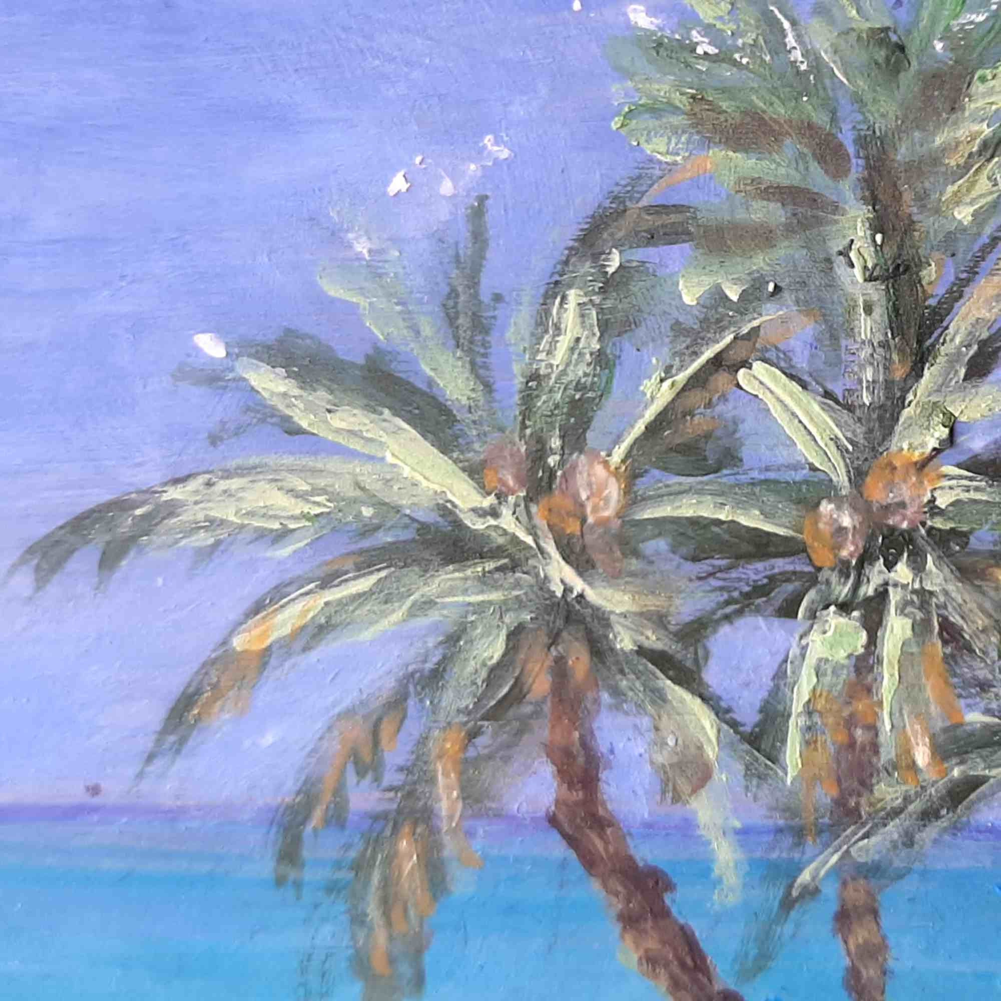 オリジナルのヤシの木の絵画：海岸のビーチの海景アクリルアート（6x8