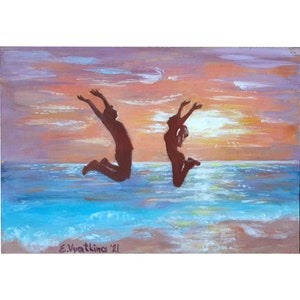 Couple Painting Original Acrylic Art Couple Artwork Sea Beach Painting Seascape Artwork Coastal Art Sunset Artwork 5 by 7 by ArtFromElenaV