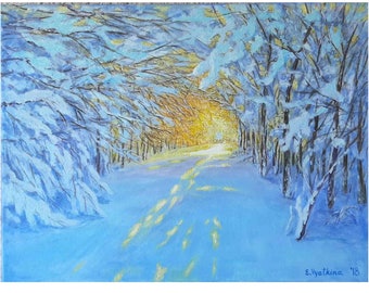 Pintura acrílica original de paisaje invernal: Árboles nevados (16x20)