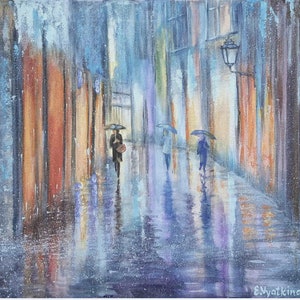 Rain Painting Original Canvas Rain Acrylic Painting Rainy Evening Artwork Rainy City Wall Art Umbrella Art 16 by 20 by ArtFromElenaV