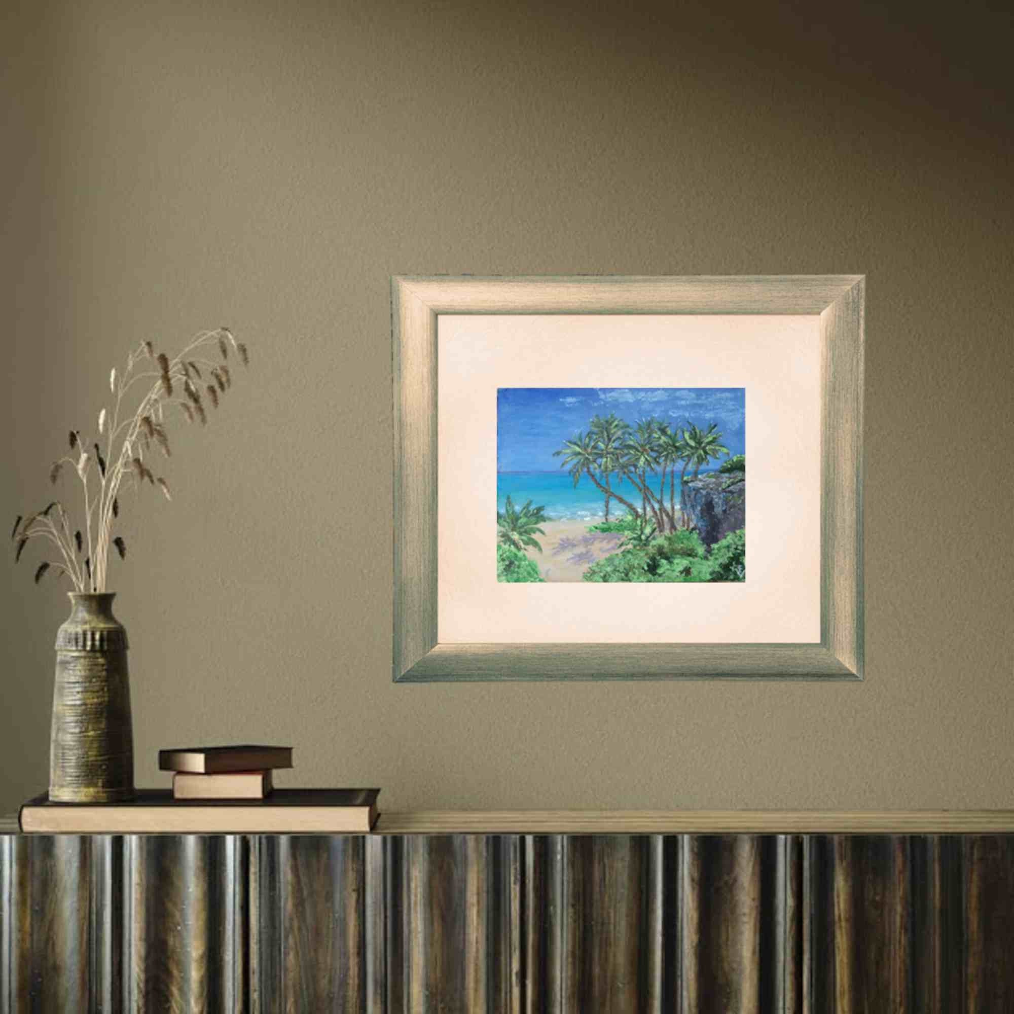 オリジナルのヤシの木の絵画：海岸のビーチの海景アクリルアート（6x8