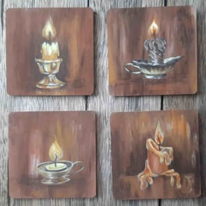 Arte de velas ardientes Juego de arte acrílico original de 4 tarjetas Pintura de velas Obra de arte a la luz de las velas Arte de pared pequeño 4 por 4 por ArtFromElenaV