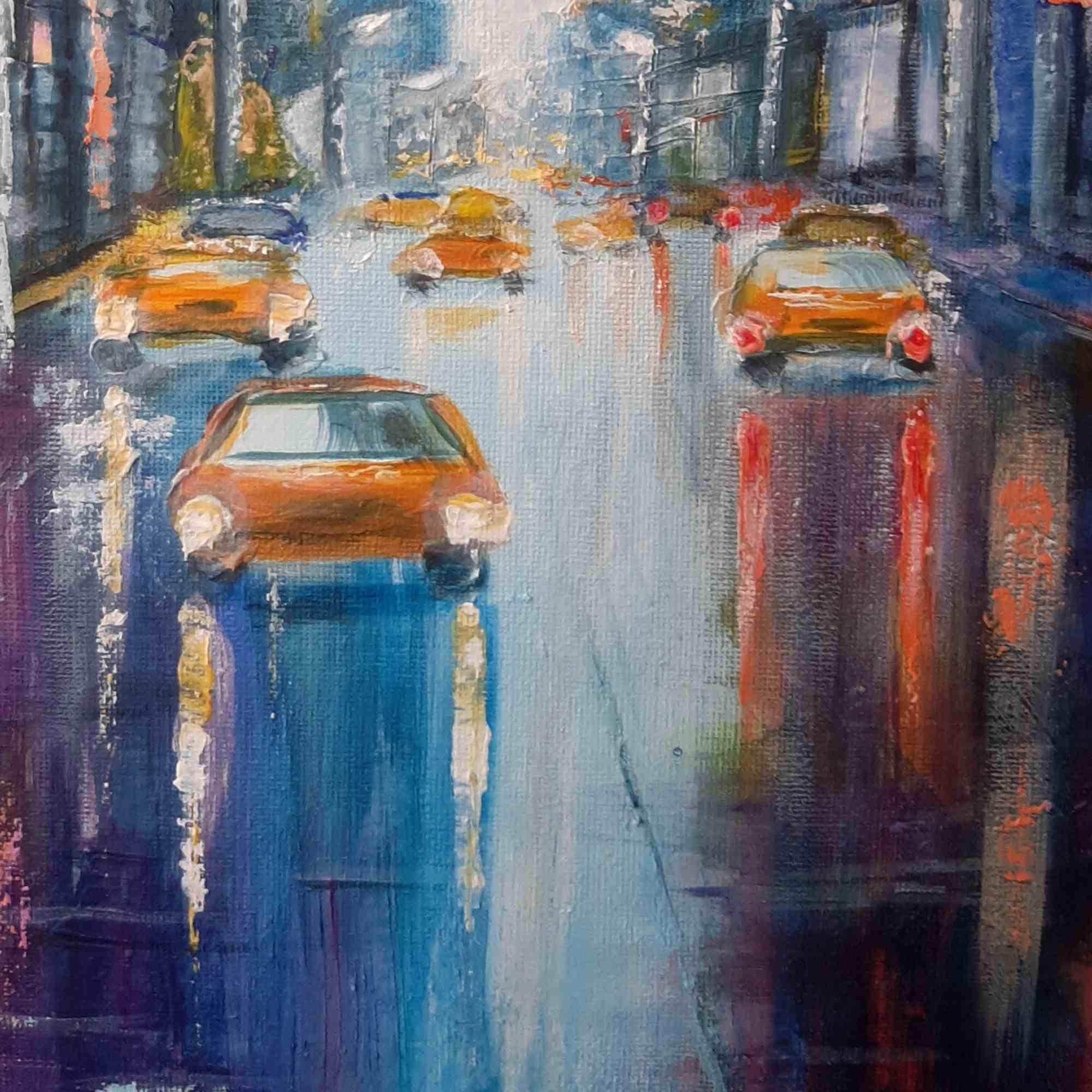 ニューヨークの街並みの絵画：雨の街並み、オリジナルアクリル
