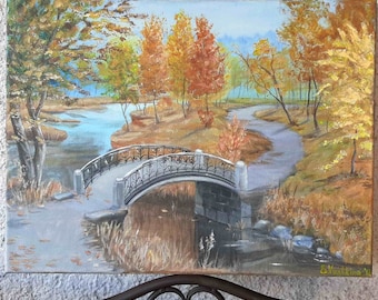 オリジナルアクリル橋の絵画：秋の川の風景、12x16キャンバス - Etsy 日本