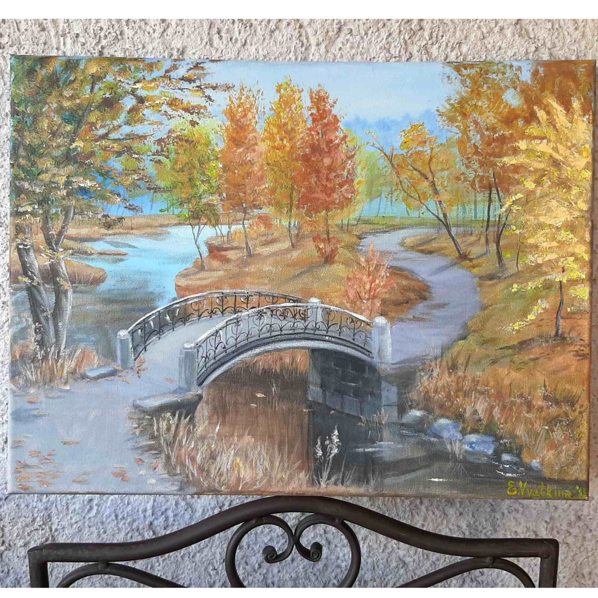 橋と川の風景 絵画 木製フレーム オリジナルアクリル橋の絵画：秋の川の風景、12x16キャンバス - Etsy 日本
