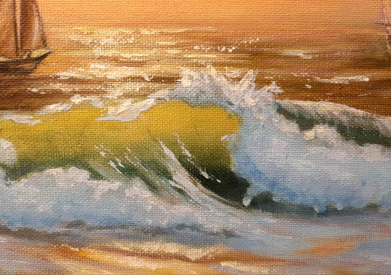 May include: A close-up of a painting depicting a wave crashing in the ocean. The wave is white with blue and green hues, and the background is a warm orange.