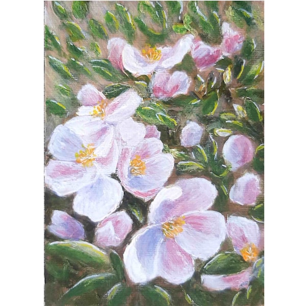 ArtFromElenaV, Art original en fleur de pommier, peinture florale, peinture florale, art mural de pommier, toile de fleur de pommier, oeuvre d'art de carte postale 4 x 6 par ArtFromElenaV