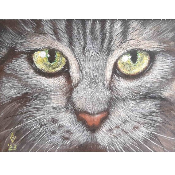 オリジナル猫目アクリル絵画：緑の目をした子猫の肖像画（6x8） - Etsy