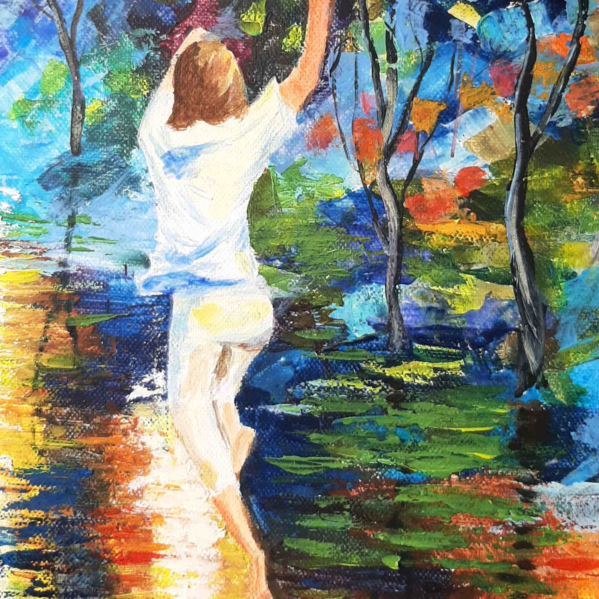 赤い傘を持つ少女の絵画：オリジナルアクリルキャンバスアート（16x20
