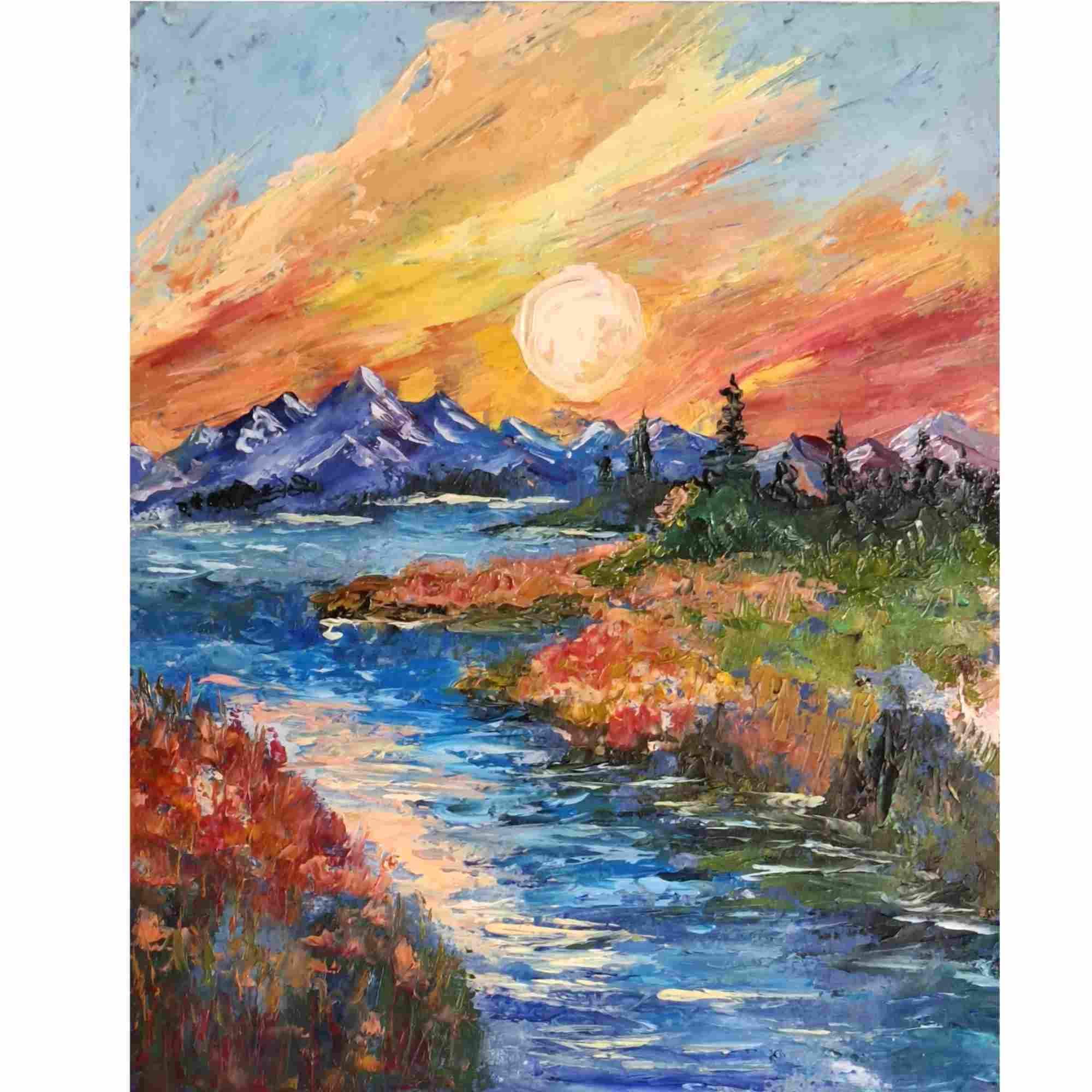 Original Impasto Oil Painting: Vibrant Coastal Sunset Landscape