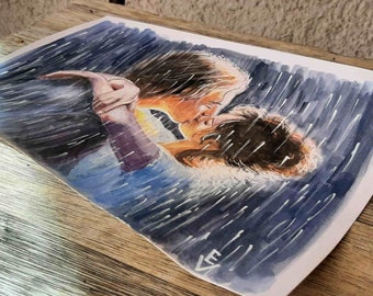 オリジナル水彩キス絵画：雨の中のロマンチックなカップル（8.2x12