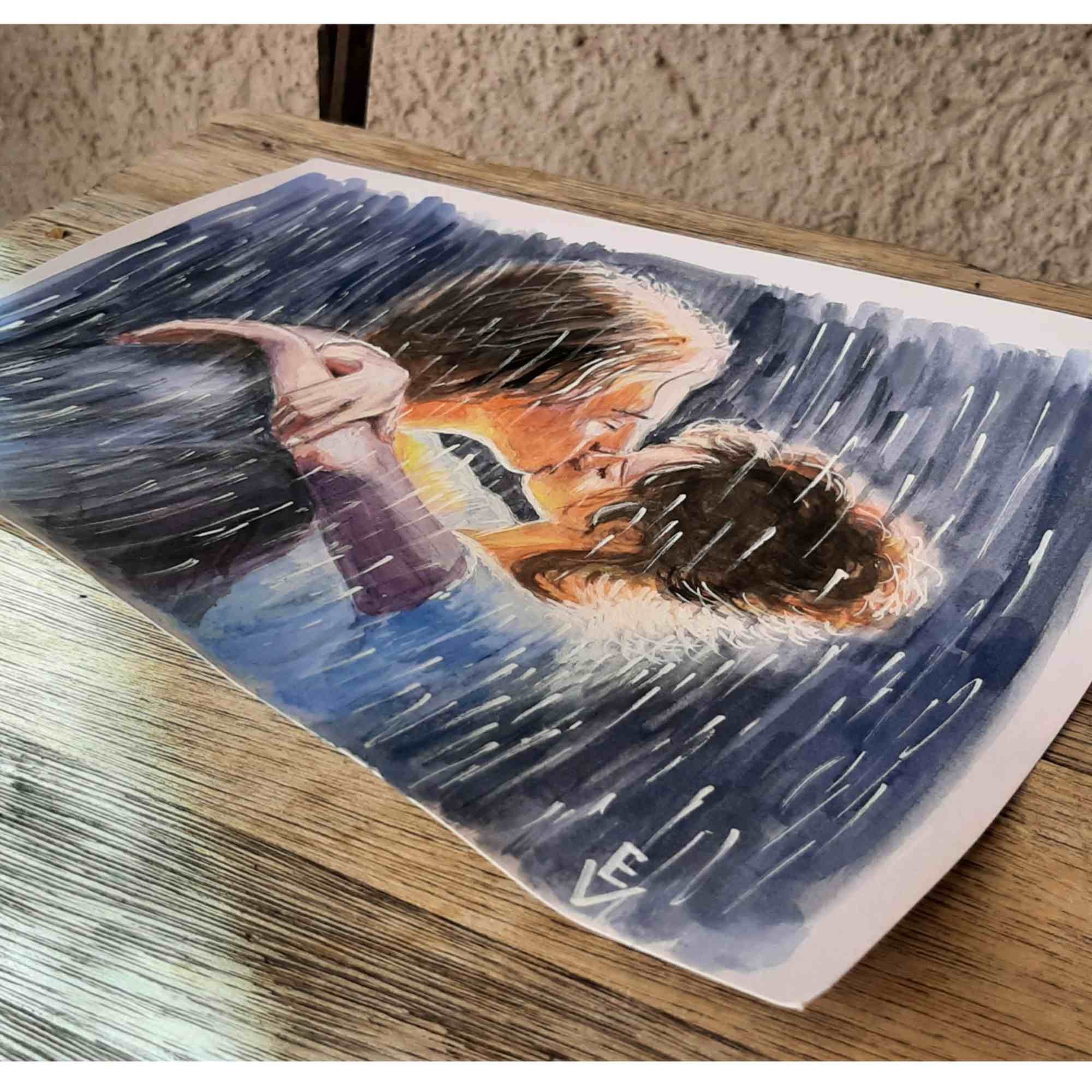 オリジナル水彩キス絵画：雨の中のロマンチックなカップル（8.2x12