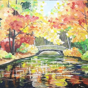 Herbst Malerei Brücke Original Kunst Wasser Leinwand Kunst Acrylbild Brücke Kunstwerk Fluss Wand Kunst Baum Kunstwerk 12 von 16 by ArtfromElenaV