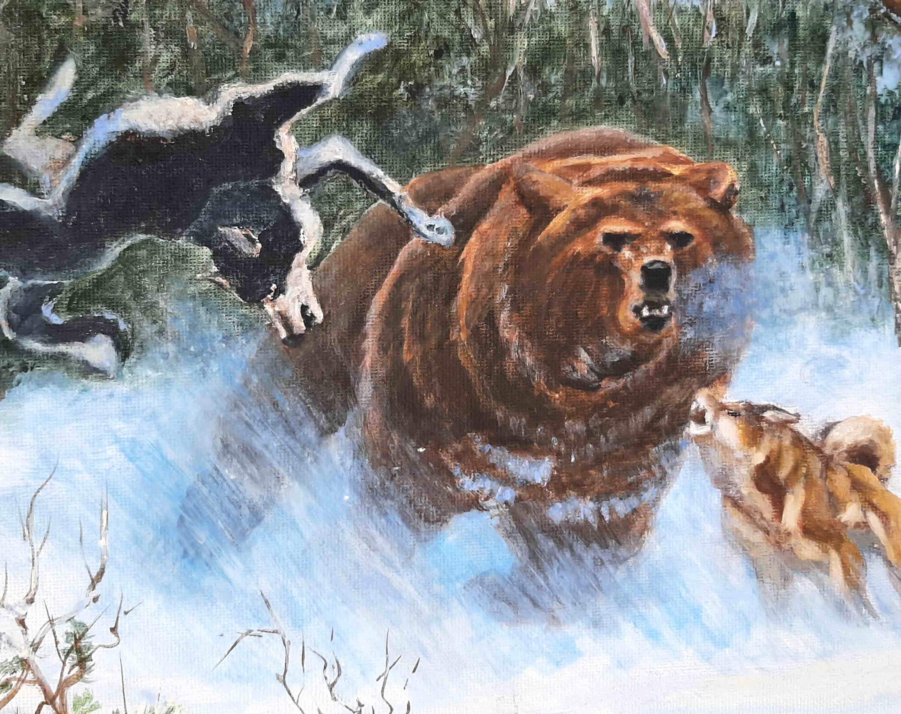 クマ狩りのアクリル画：犬と冬の風景、16x24 - Etsy 日本
