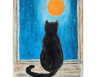 Full Moon Painting Original Oil Art ACEO Cat Wall Art Cat Painting Window Artwork Full Moon Artwork Window Wall Art 3.5x2.5 by ArtFromElenaV