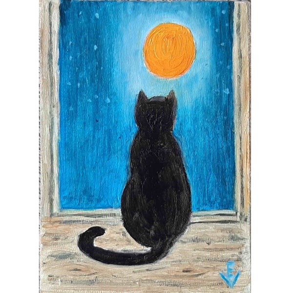 Full Moon Painting Original Oil Art ACEO Cat Wall Art Cat Painting Window Artwork Full Moon Artwork Window Wall Art 3.5x2.5 by ArtFromElenaV