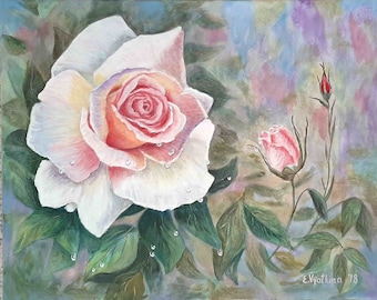 庭のバラ、オリジナルのアクリル画、花の絵画、ピンクの花、16x20の