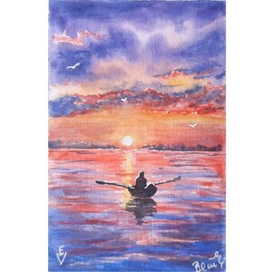 Fischer Gemälde Original Aquarell Seelandschaft Kunstwerk Sonnenuntergang Postkarte Kunst Himmel Sonnenuntergang Malerei Fischer Wandkunst 4x6 by ArtfromElenaV