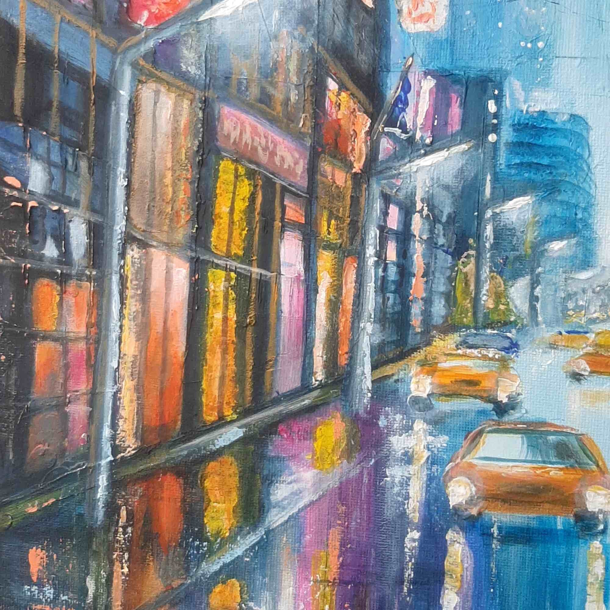 ニューヨークの街並みの絵画：雨の街並み、オリジナルアクリル