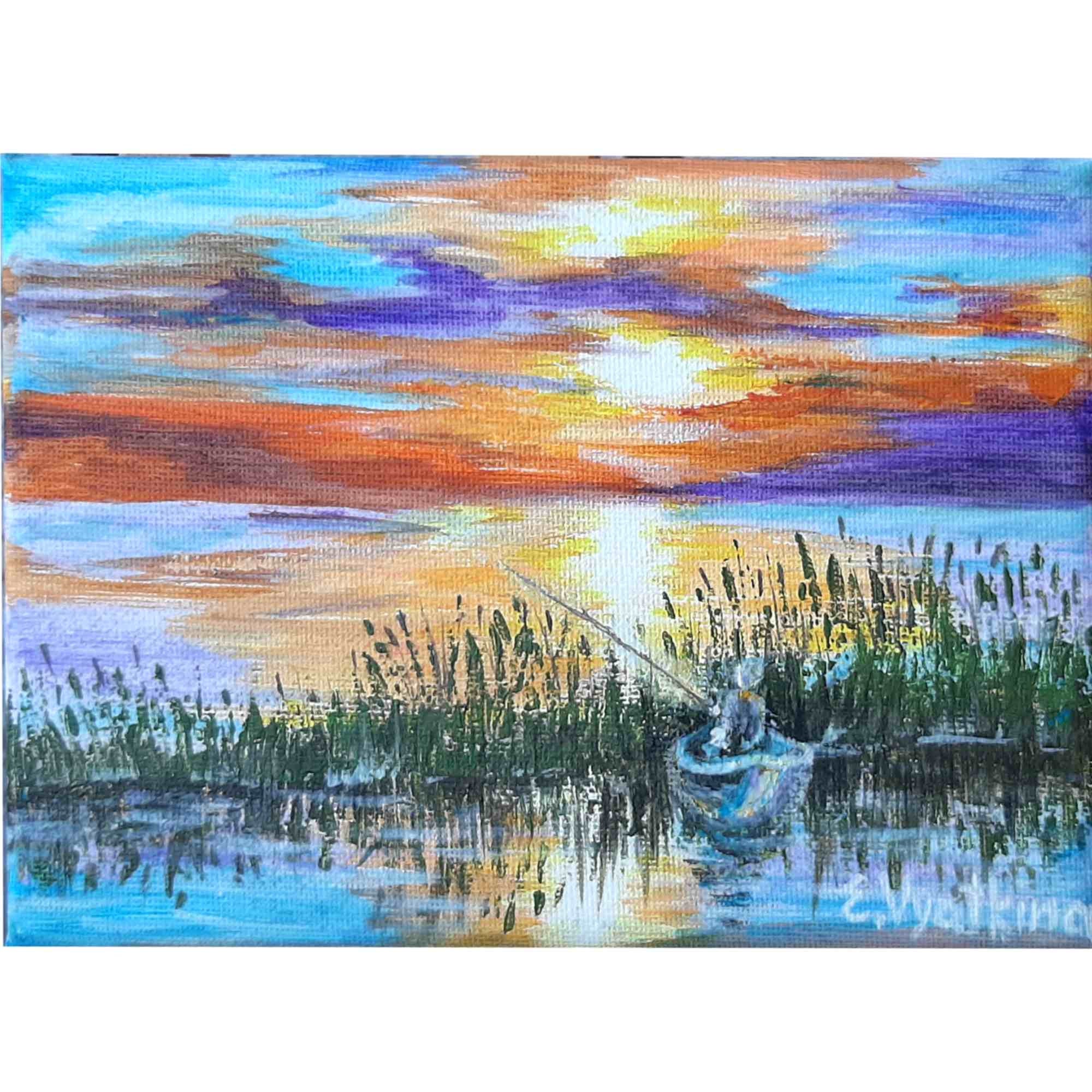 Fisherman Painting Original Acrylic Art Fishing Scene Art Reeds Painting Fishing Boat Artwork Sunset Wall Art 5x7 by ArtFromElenaV