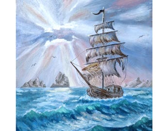オリジナル油絵：海賊船の海景、海洋アート（10x12） - Etsy 日本