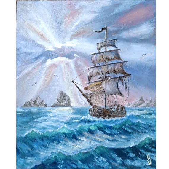 オリジナル油絵：海賊船の海景、海洋アート（10x12） - Etsy 日本
