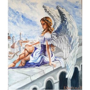 Angel Painting Original Acrylic Art Wings Painting Fantasy Artwork Winged Girl Painting Angel Wall Art 9x12 by ArtFromElenaV