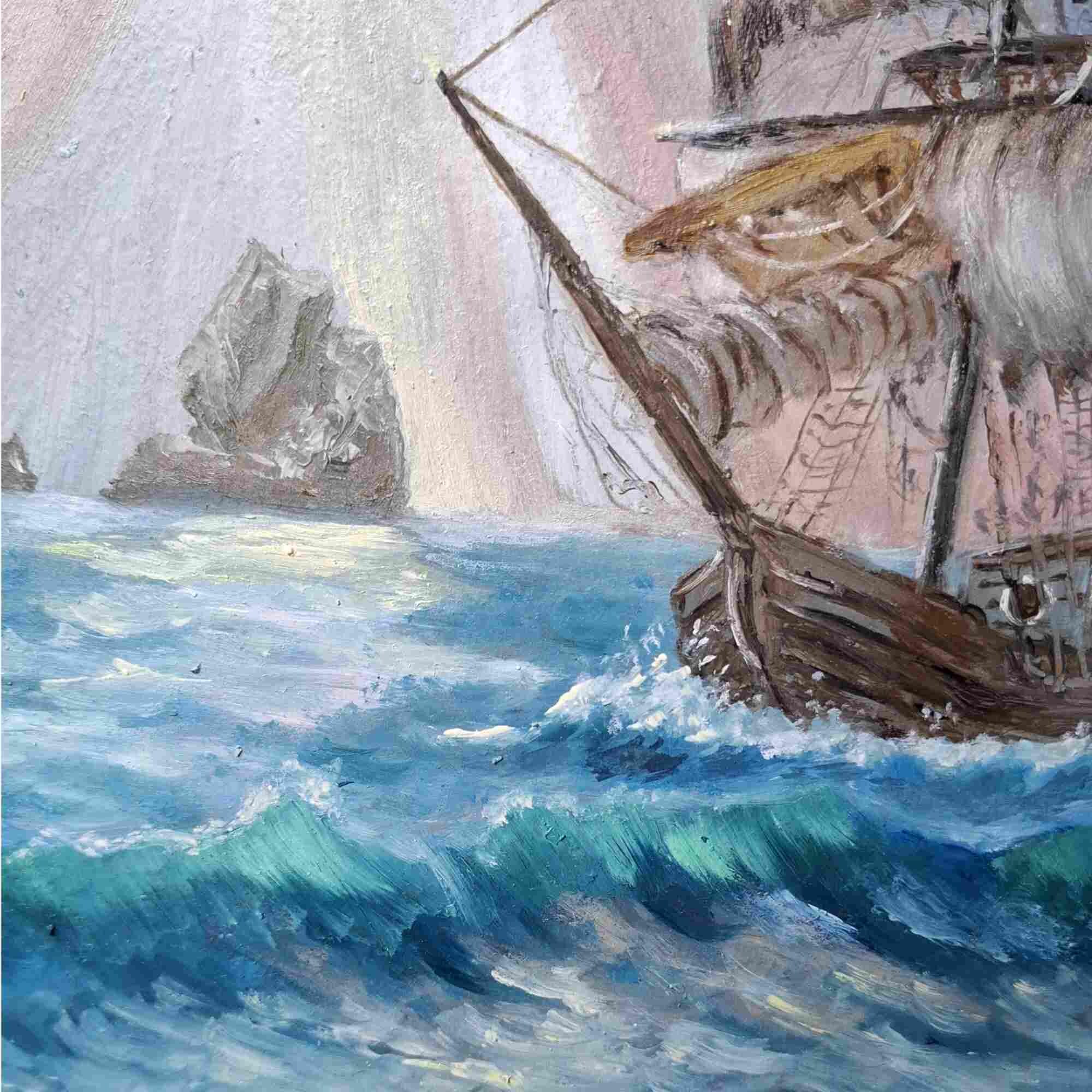 オリジナル油絵：海賊船の海景、海洋アート（10x12） - Etsy 日本