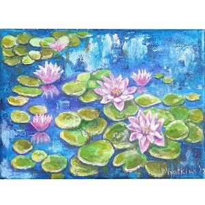 Water Lilies Artwork Original Acrylic Art Flower Painting Lotus Pond Artwork Floral Wall Art Water Lilies Art 5 by 7 by ArtFromElenaV