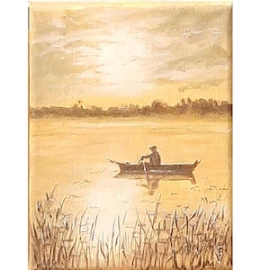 Pintura de pescador Arte acrílica original Pintura de rio nebuloso Arte de pescador Arte de barco de pesca Pôr do sol Arte de parede 5x7 por ArtFromElenaV