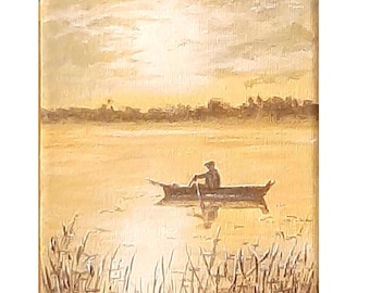 Fisherman Painting Original Acrylic Art Foggy River Painting Fisherman Artwork Fishing Boat Artwork Sunset Wall Art 5x7 by ArtFromElenaV