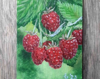 Raspberries Painting Original Acrylic Art Fruits Artwork Raspberries Wall Art Flower Canvas Raspberry Artwork 4x6 by ArtFromElenaV