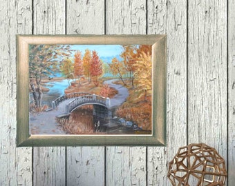 オリジナルアクリル橋の絵画：秋の川の風景、12x16キャンバス - Etsy 日本