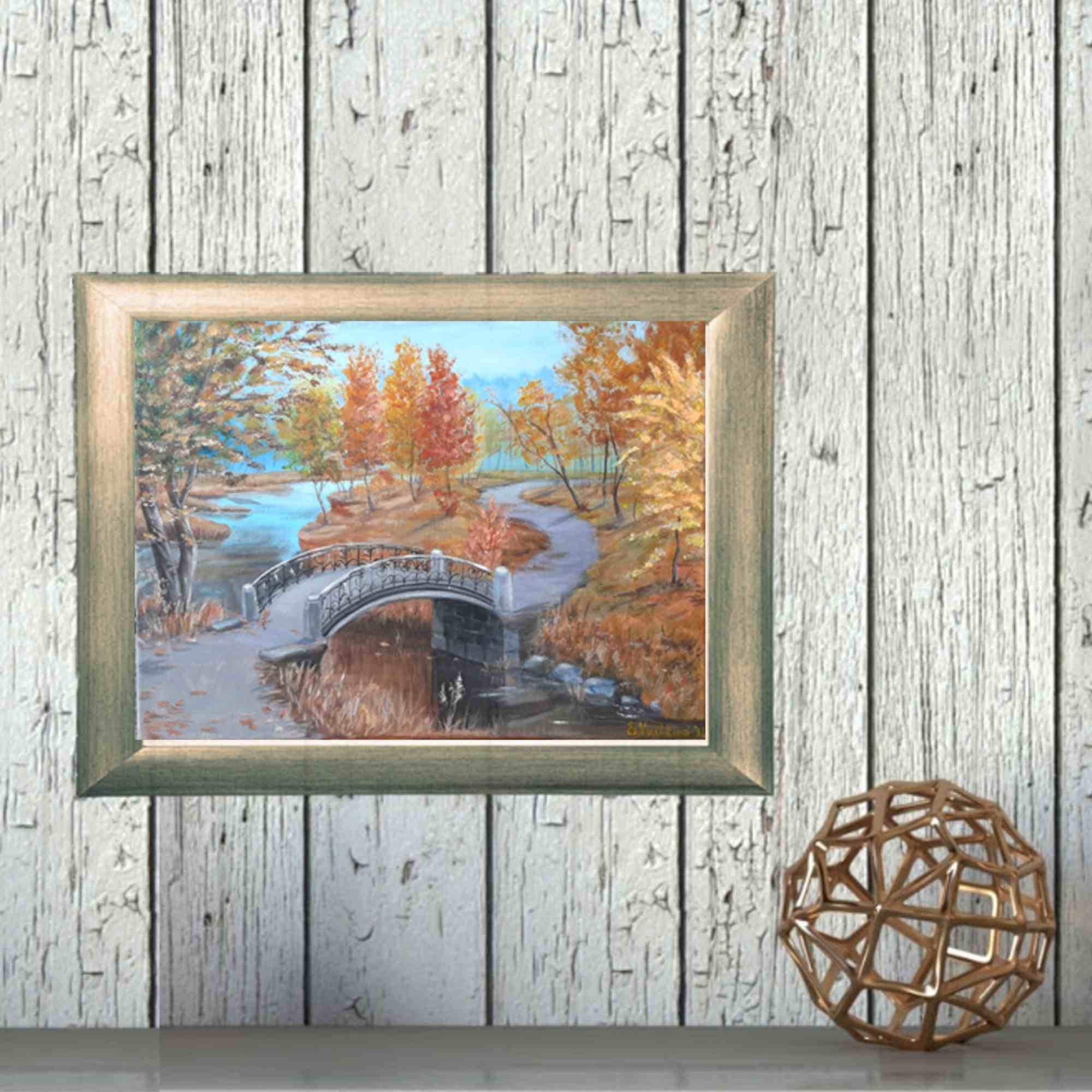 オリジナルアクリル橋の絵画：秋の川の風景、12x16キャンバス - Etsy 日本