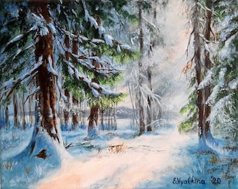 Pintura acrílica original de pinos invernales: arte de vida silvestre nevada (10 x 12)