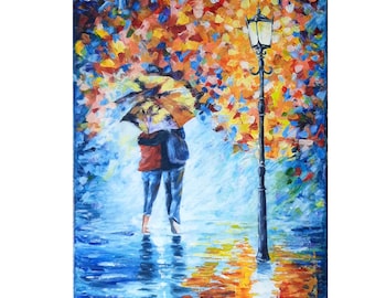 Couple Under Umbrella Painting: Original Acrylic Romantic Art (16x24)