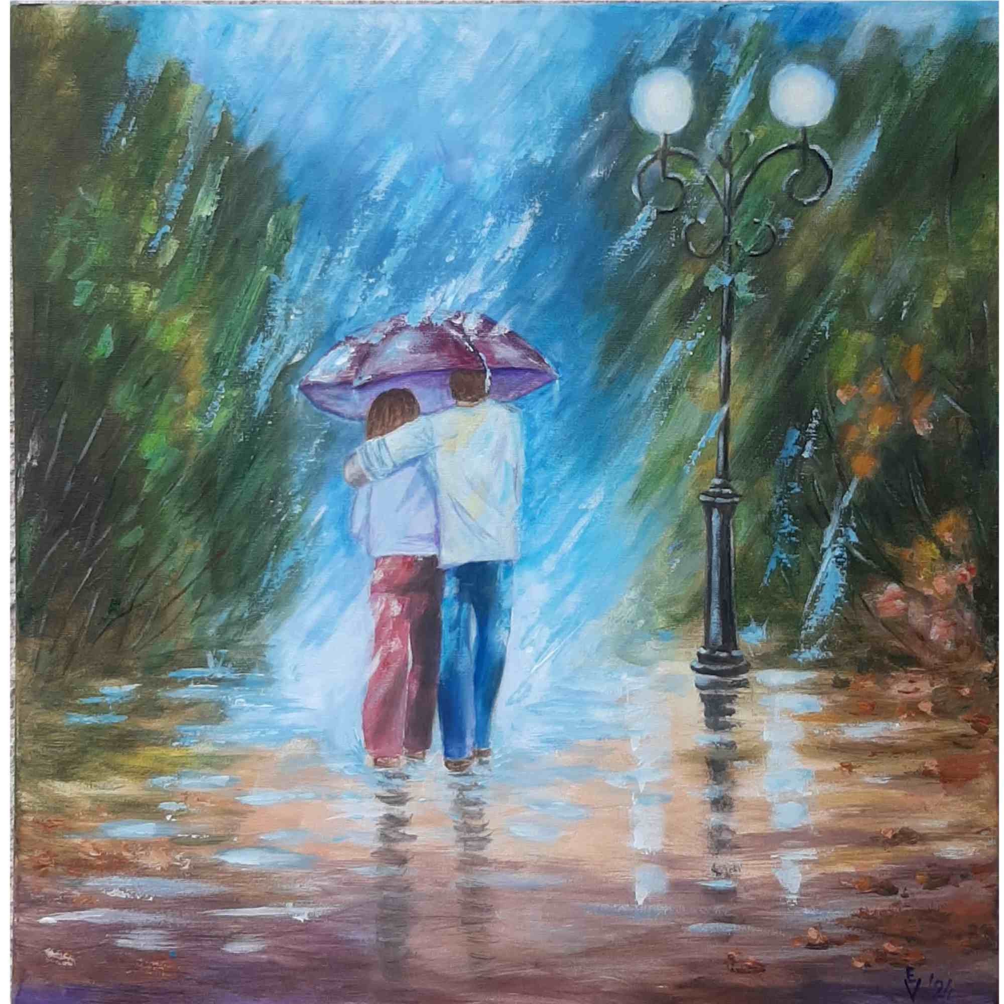 Original Acrylic Couple Painting: Rainy Day Romance, 20x20 Canvas